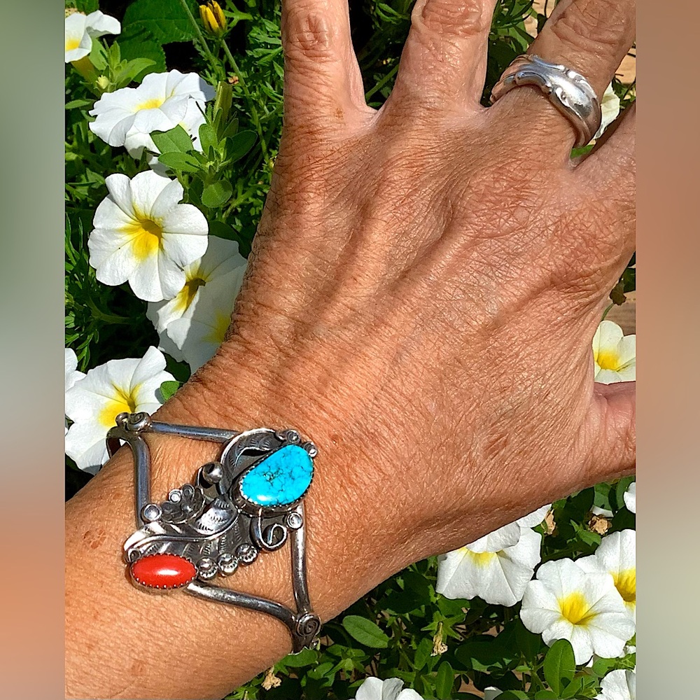 Sterling, turquoise bracelet, adjustable up to 6 1/4”